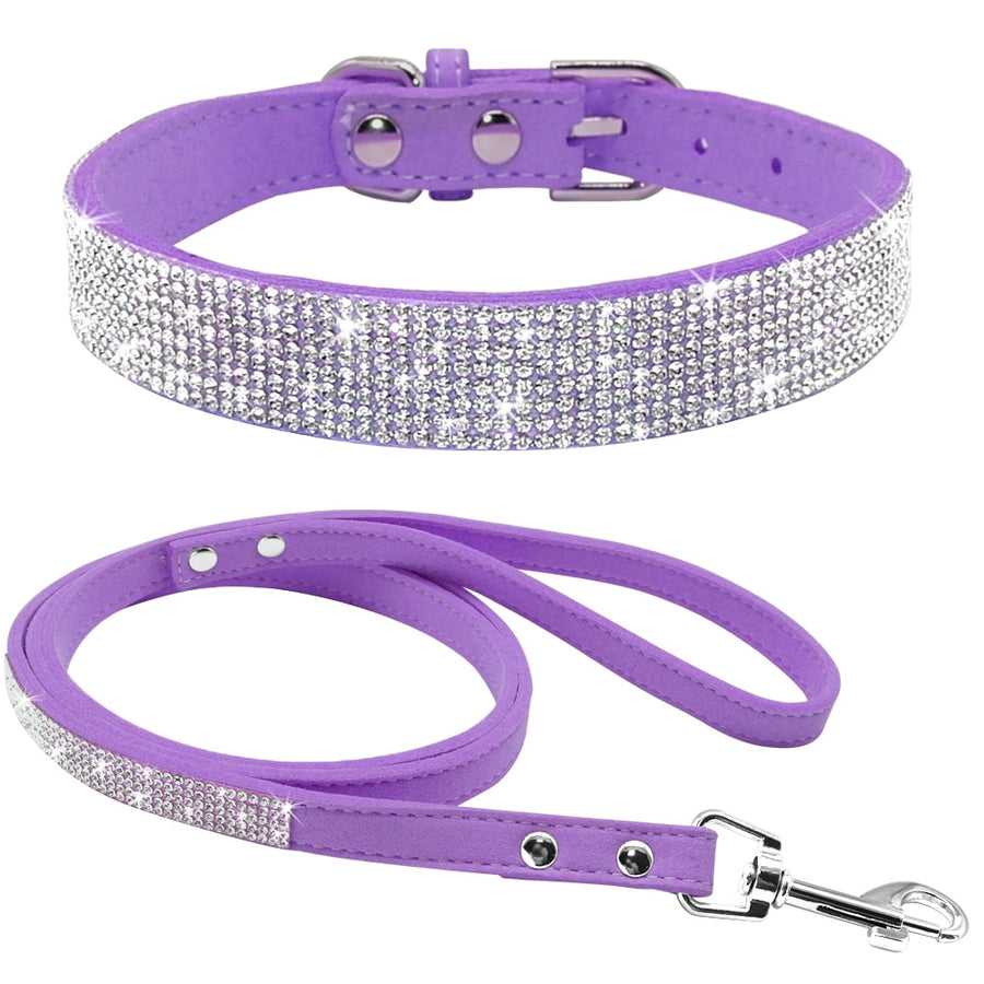 Suede Leather Dog Collar Leash Set Rhinestone Crystal Soft Material Adjustable Small Dogs Cat Pets Collars Leads Chihuahua